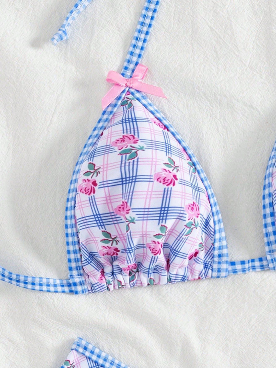 Blue Gingham Floral Bow Halter Triangle Bikini Set, vintage swimsuit, swimwear - perfect for women who love vintage and retro fashion