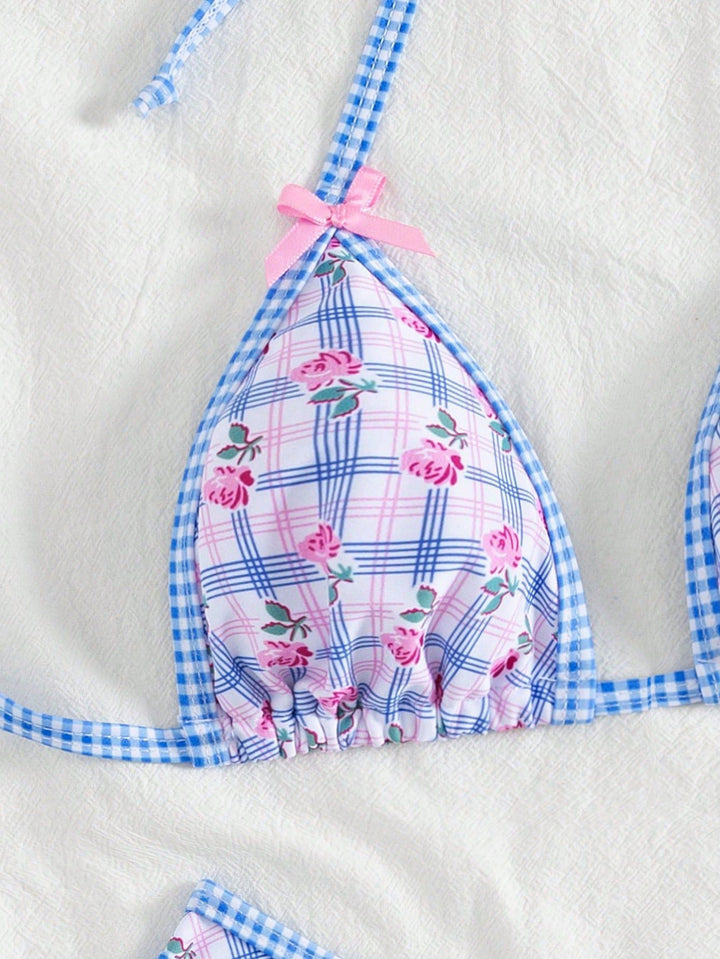 Blue Gingham Floral Bow Halter Triangle Bikini Set, vintage swimsuit, swimwear - perfect for women who love vintage and retro fashion