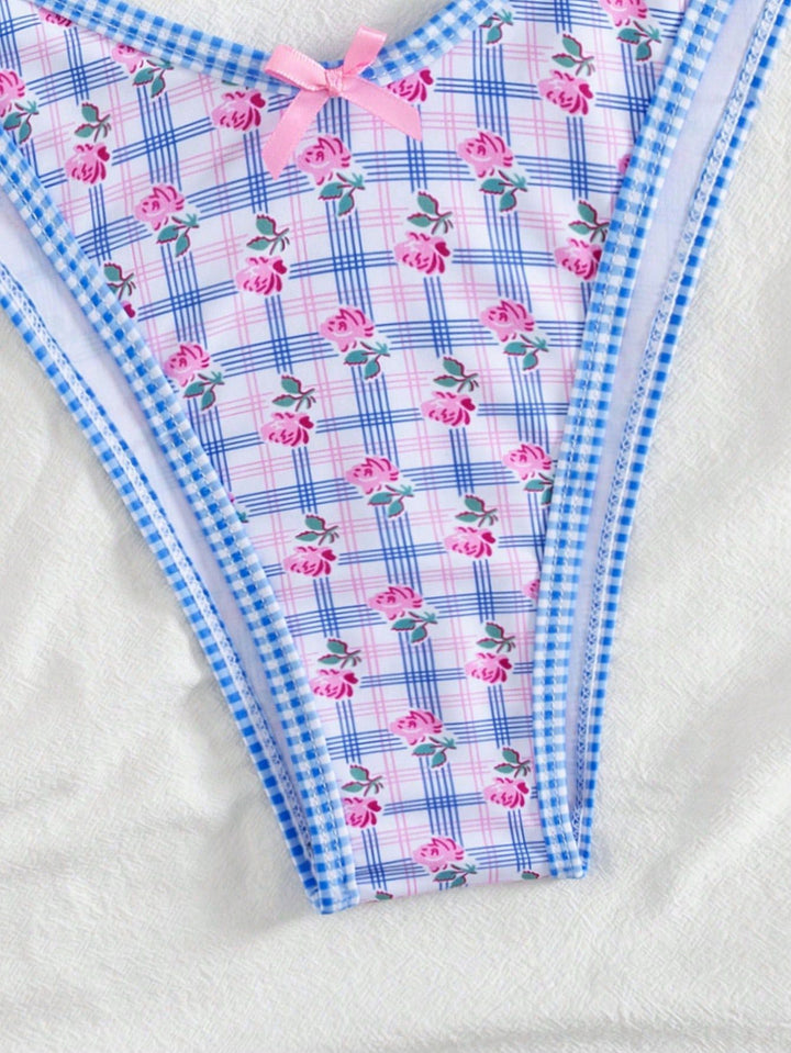 Blue Gingham Floral Bow Halter Triangle Bikini Set, vintage swimsuit, swimwear - perfect for women who love vintage and retro fashion