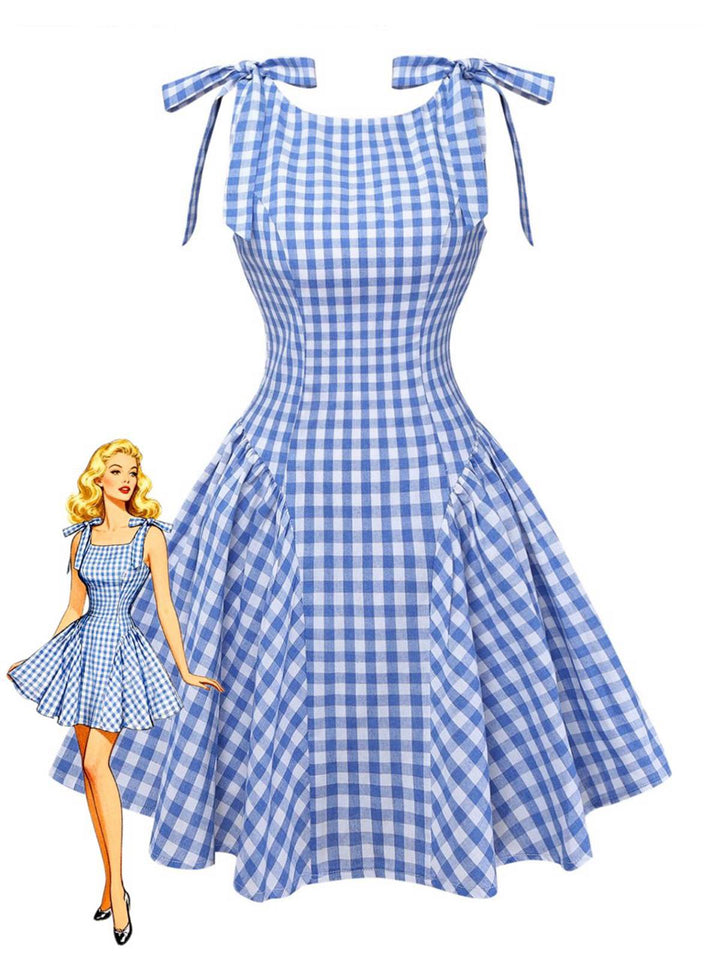 Blue 1960s Gingham Plaid Shoulder-Tie Empire Dress - vintage dress, retro fashion