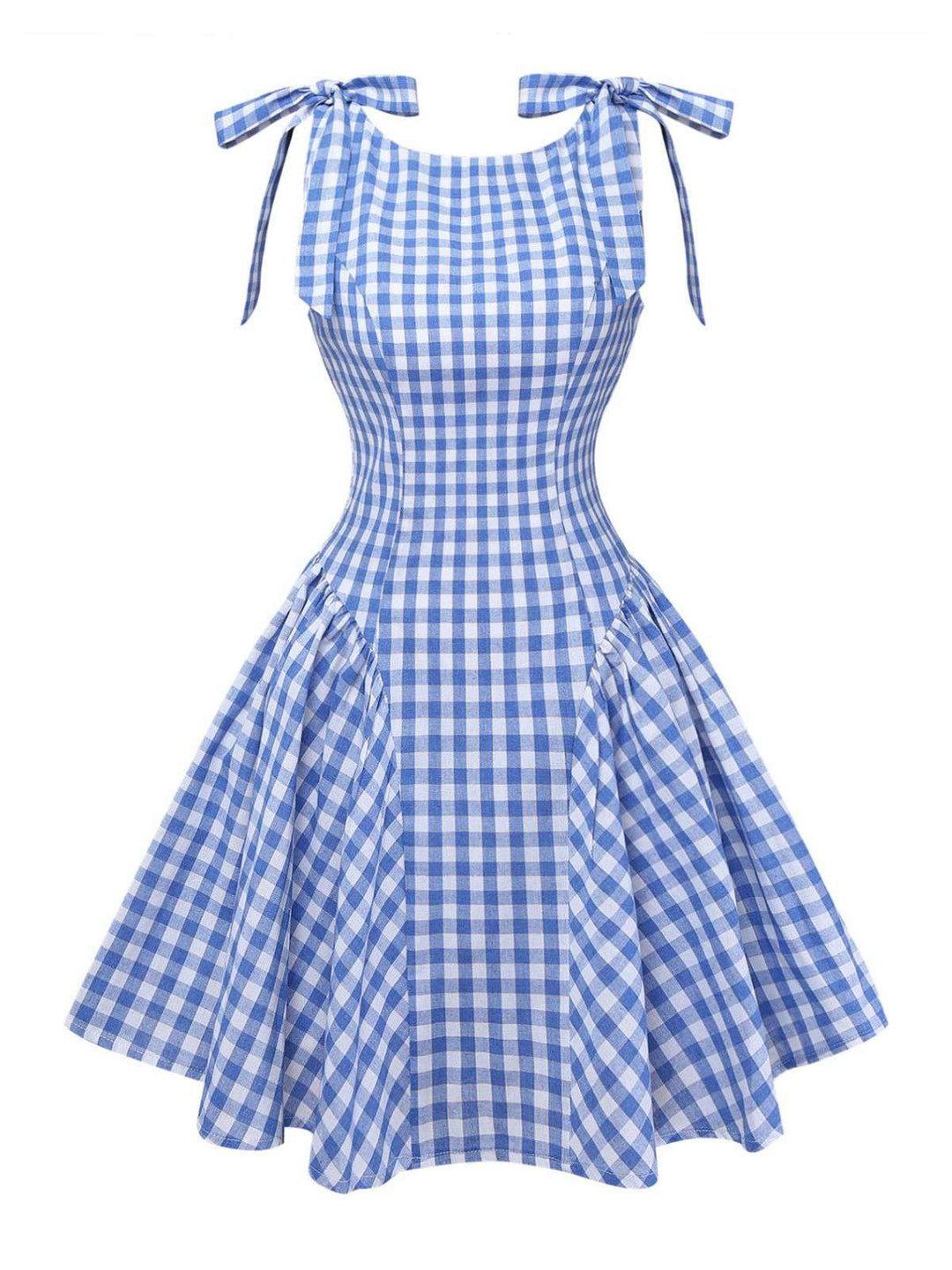 Blue 1960s Gingham Plaid Shoulder-Tie Empire Dress - vintage dress, retro fashion