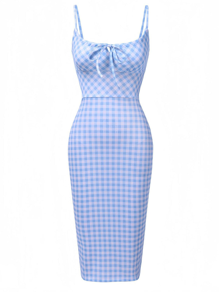 She slips into this Blue 1960s Gingham Plaid Straps Pencil Dress and suddenly it&
