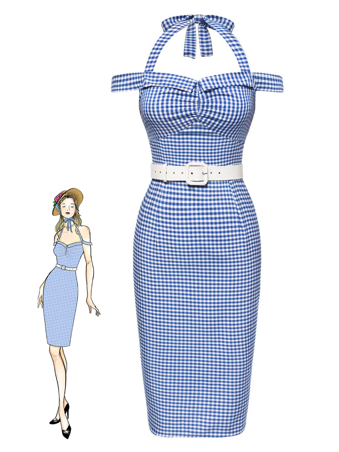 She slips into this Blue 1960s Halter Off-Shoulder Plaid Pencil Dress and suddenly it&