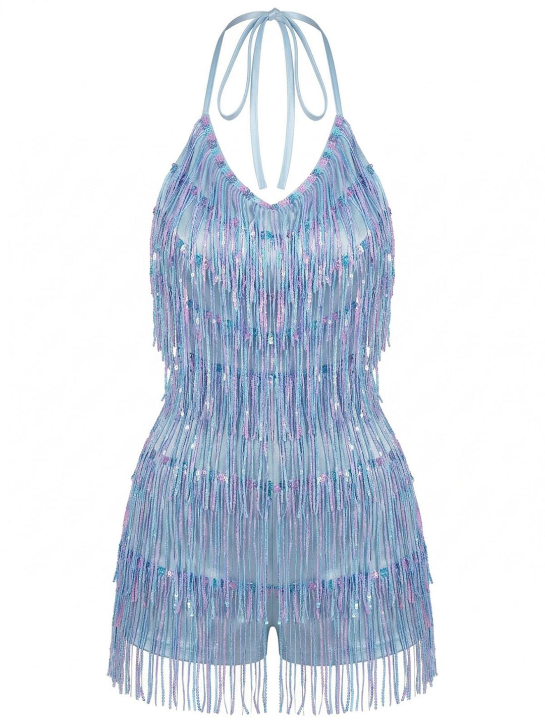 Blue 1960s Halter Sequins Tassel Romper - vintage romper, retro jumpsuit for vintage lovers