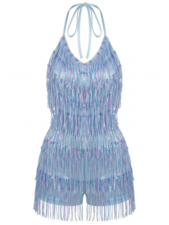 Blue 1960s Halter Sequins Tassel Romper - vintage romper, retro jumpsuit for vintage lovers