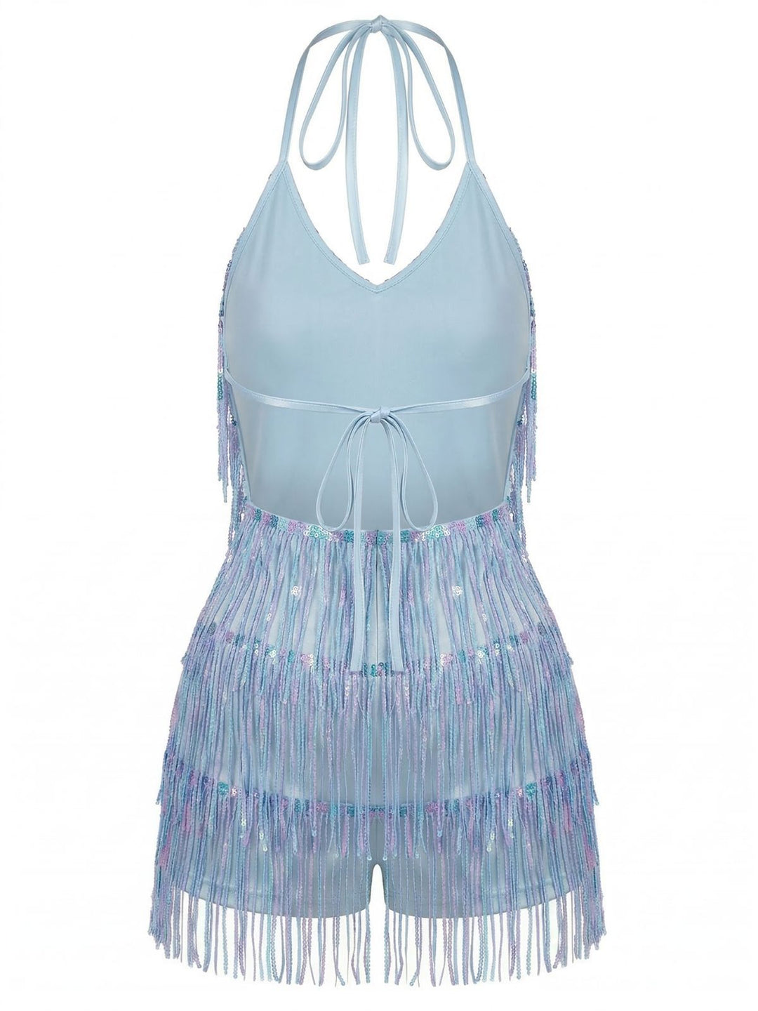 Blue 1960s Halter Sequins Tassel Romper - vintage romper, retro jumpsuit for vintage lovers