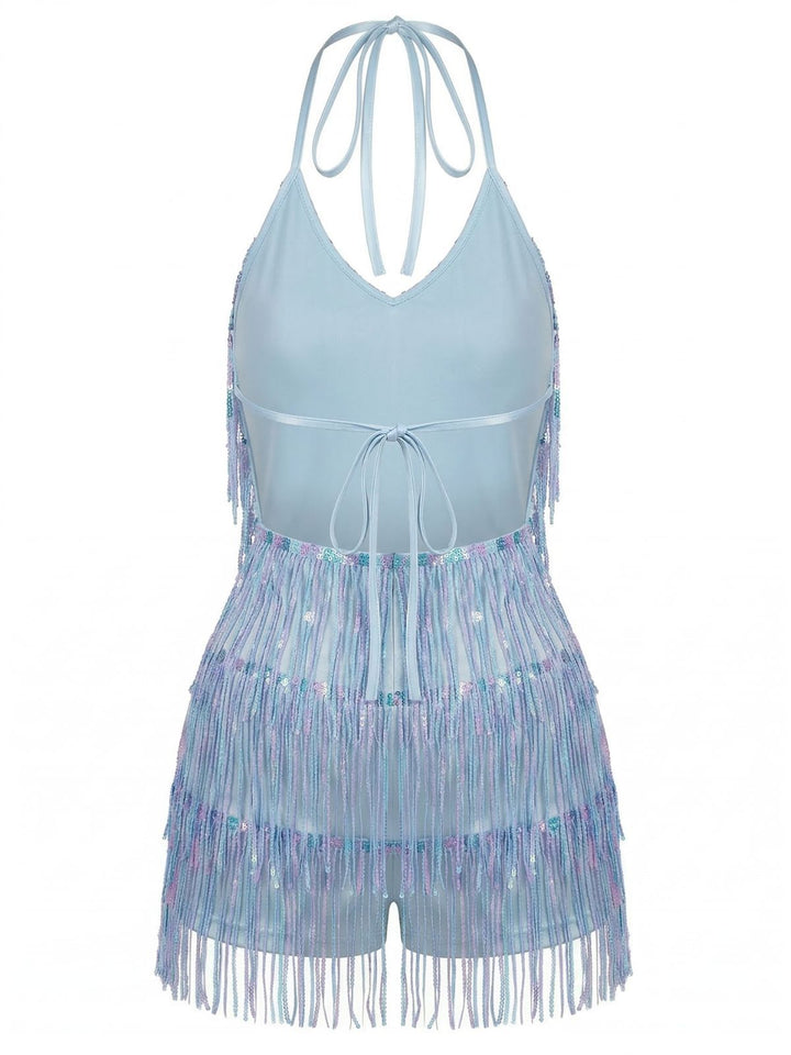 Blue 1960s Halter Sequins Tassel Romper - vintage romper, retro jumpsuit for vintage lovers