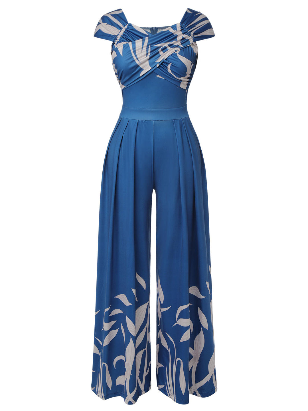 Blue 1960s High-Waist Plant Print Jumpsuit, vintage romper, retro jumpsuit - perfect for women who love vintage and retro fashion