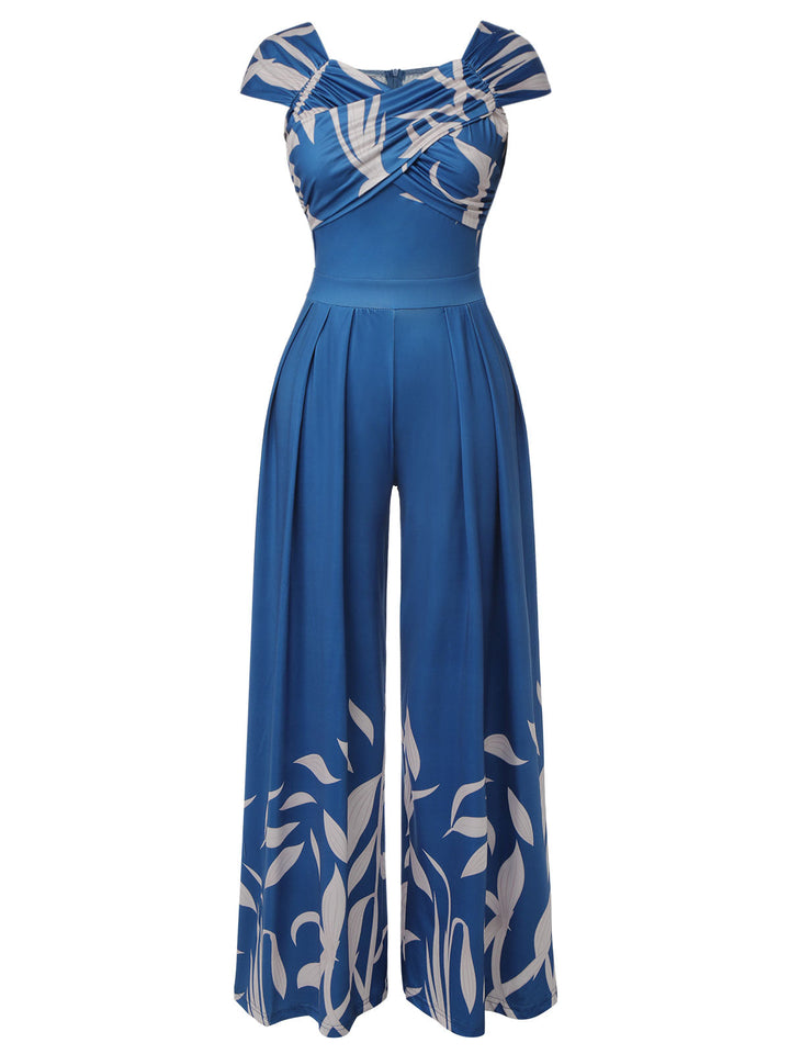 Blue 1960s High-Waist Plant Print Jumpsuit, vintage romper, retro jumpsuit - perfect for women who love vintage and retro fashion
