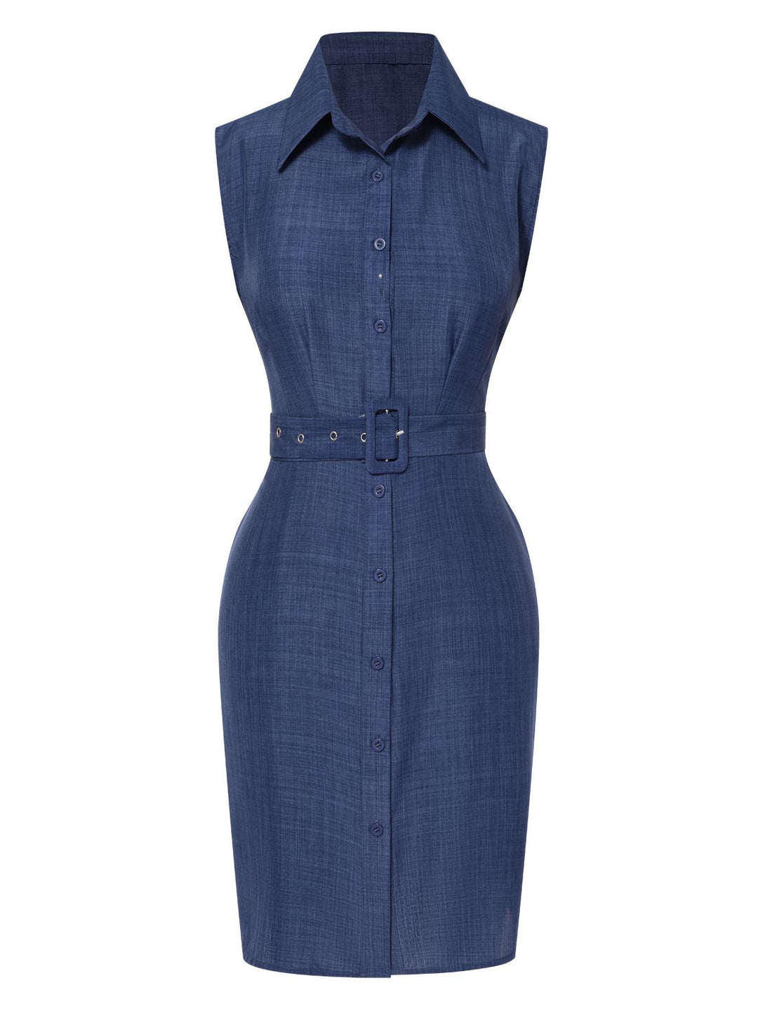 She slips into this Blue 1960s Lapel Sleeveless Belted Dress and suddenly it&