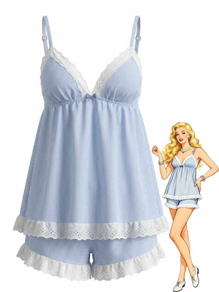 Blue Pinstripe Lace Trim Babydoll Pajama Set - vintage lingerie, retro nightgown, elegant sleepwear for vintage lovers