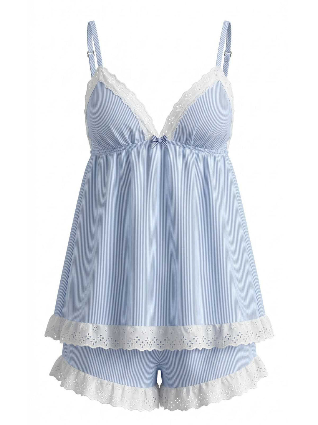 Blue Pinstripe Lace Trim Babydoll Pajama Set: beautiful vintage lingerie, retro nightgown, elegant sleepwear with timeless appeal