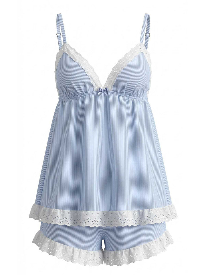 Blue Pinstripe Lace Trim Babydoll Pajama Set: beautiful vintage lingerie, retro nightgown, elegant sleepwear with timeless appeal