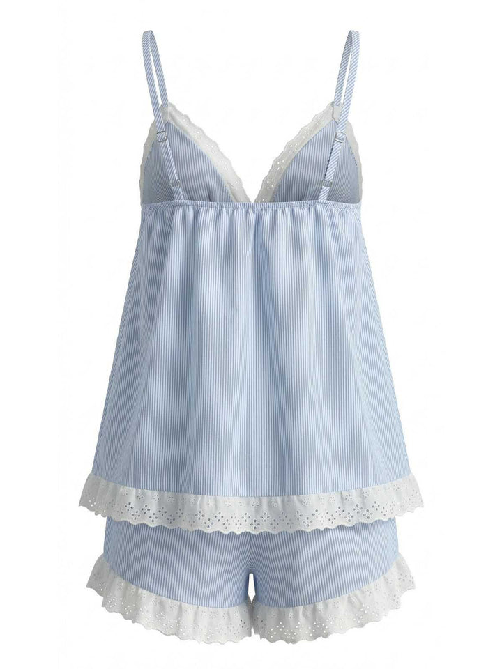 Blue Pinstripe Lace Trim Babydoll Pajama Set | vintage lingerie, retro nightgown, elegant sleepwear - perfect for retro fashion enthusiasts