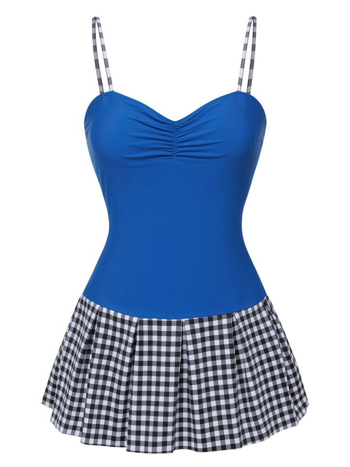 Blue 1960s Plaid Patchwork Strap Swimsuit, vintage swimsuit, pin-up swimwear - perfect for women who love vintage and retro fashion