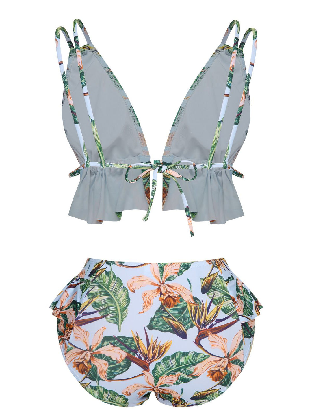 This Blue 1960s Plants Back Tie Ruffles Swimsuit carries 1960s vacation dreams in every stitch