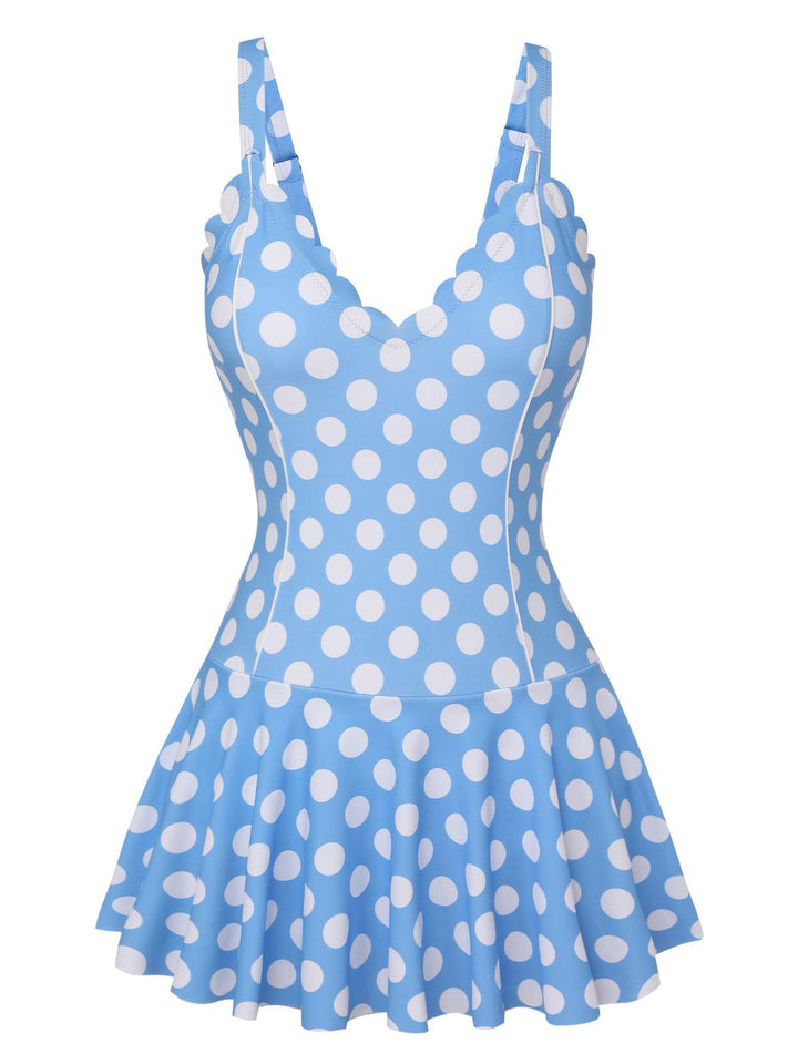 Blue 1960s Polka Dot Petal Neck Swimsuit, vintage swimsuit, pin-up swimwear - perfect for women who love vintage and retro fashion