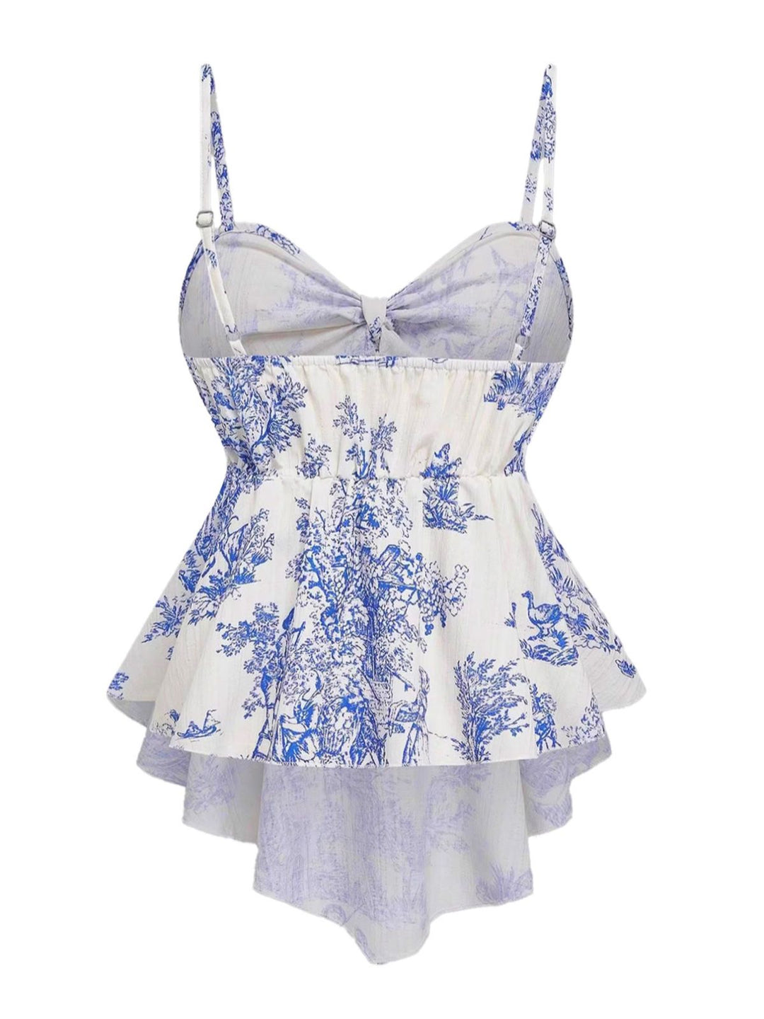 Blue 1960s Porcelain Print Spaghetti Strap Belted Top, vintage top, retro blouse - perfect for women who love vintage and retro fashion