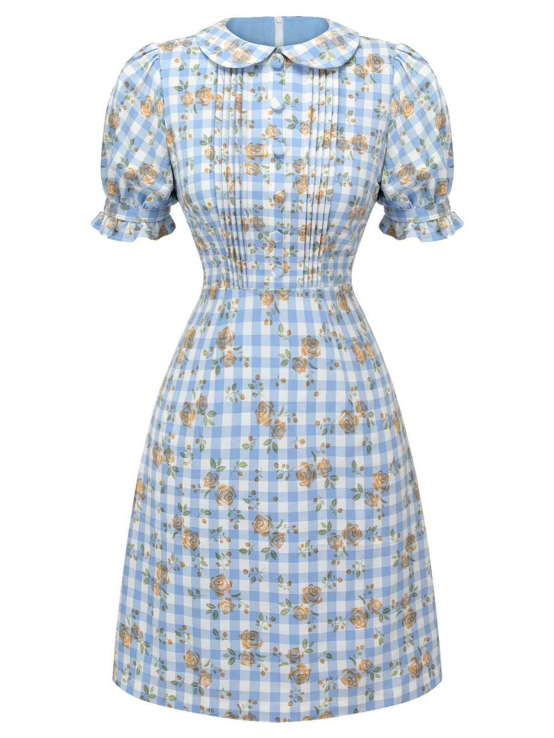 Blue 1960s Puff Sleeve Floral Plaid Dress — vintage elegance for the modern woman