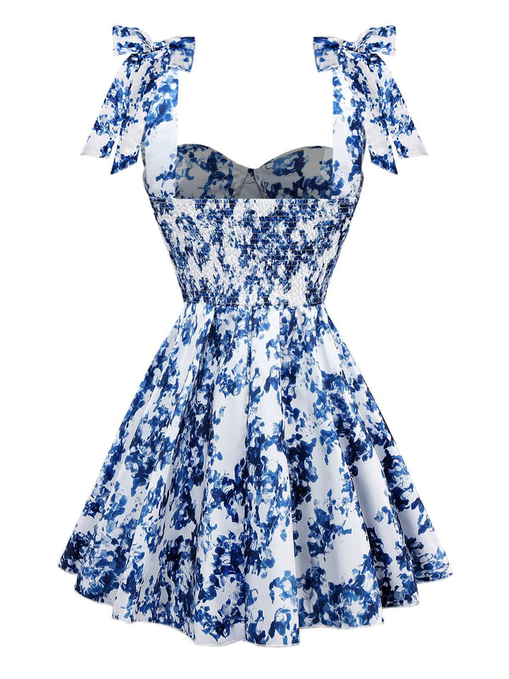 Blue 1960s Shoulder Tie Floral Skater Dress - vintage dress, retro fashion