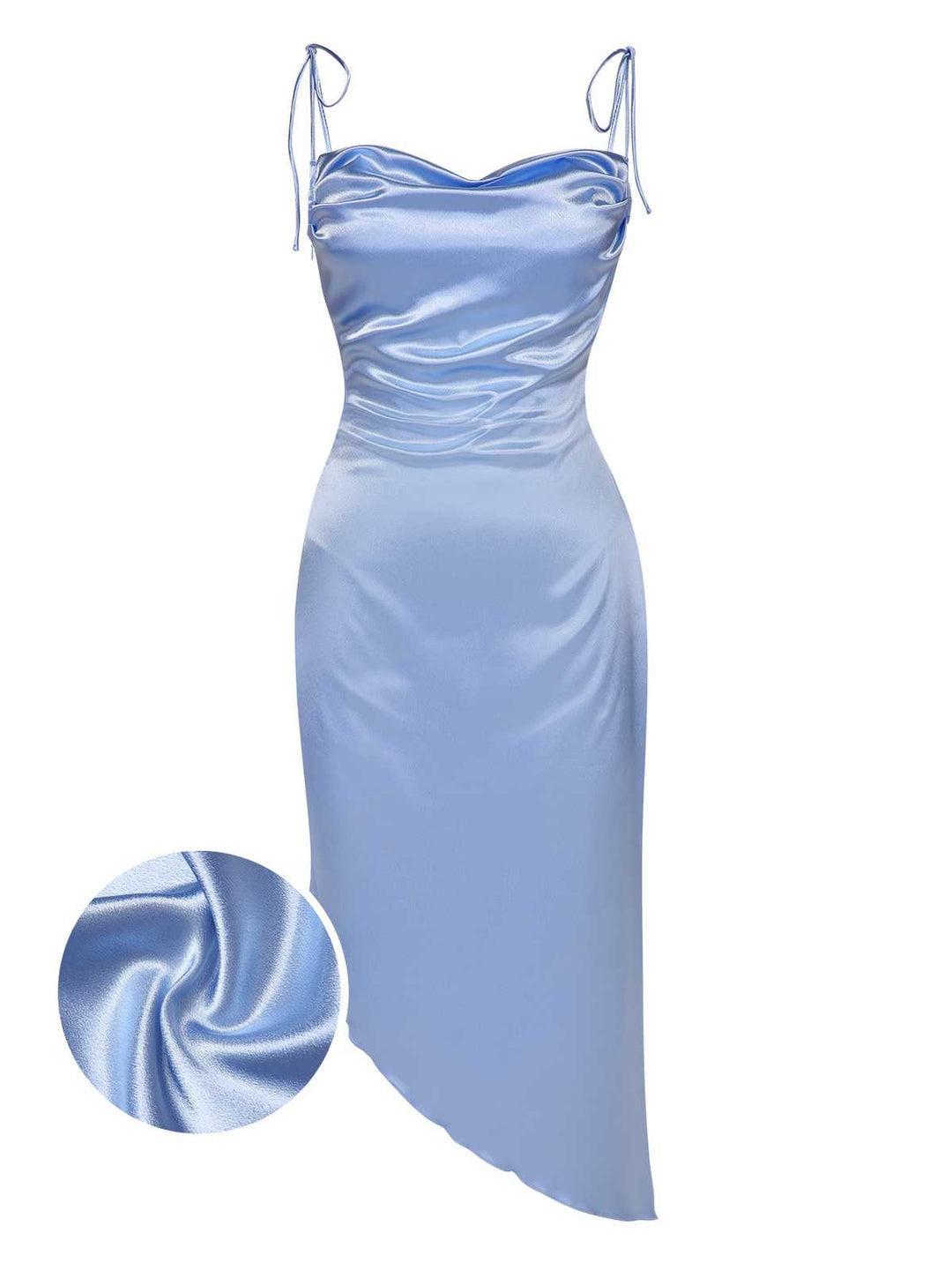 She slips into this Blue 1960s Spaghetti Strap Irregular Hem Satin Dress and suddenly it&