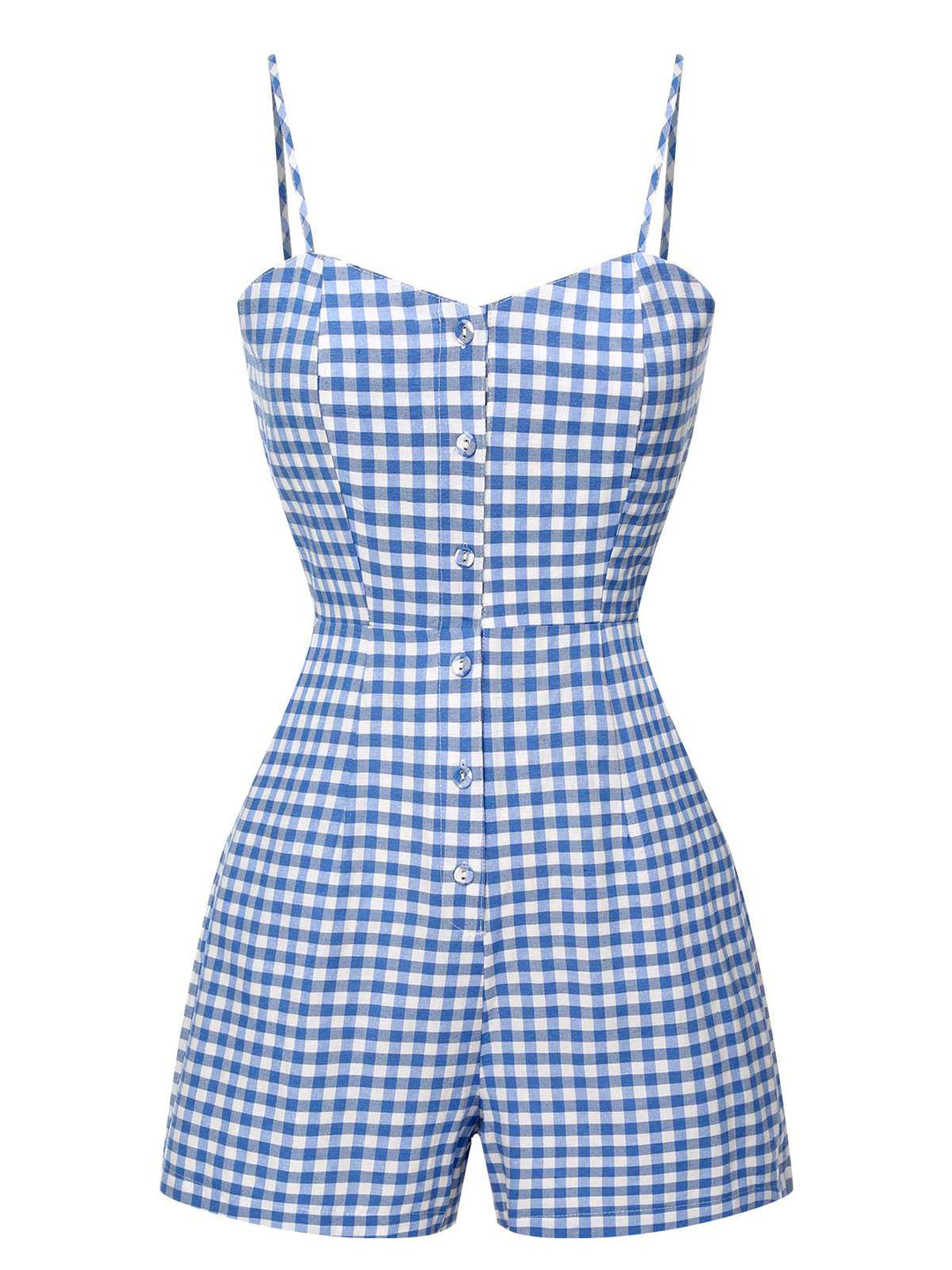 She finds her 1960s story in this Blue 1960s Spaghetti Strap Plaids Romper