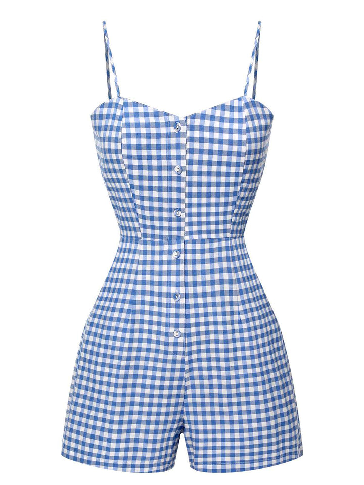 She finds her 1960s story in this Blue 1960s Spaghetti Strap Plaids Romper