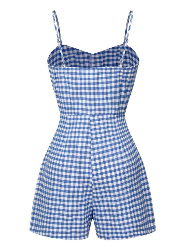This Blue 1960s Spaghetti Strap Plaids Romper whispers 1960s secrets to those who notice