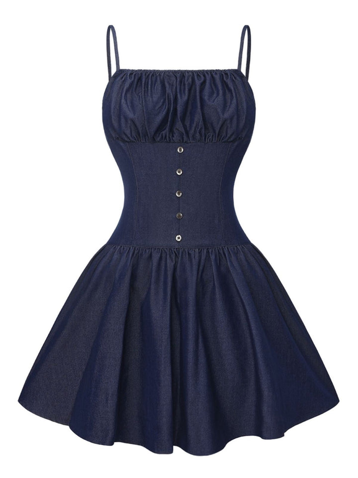 Blue 1960s Spaghetti Strap Ruched Mini Dress - vintage dress, retro fashion