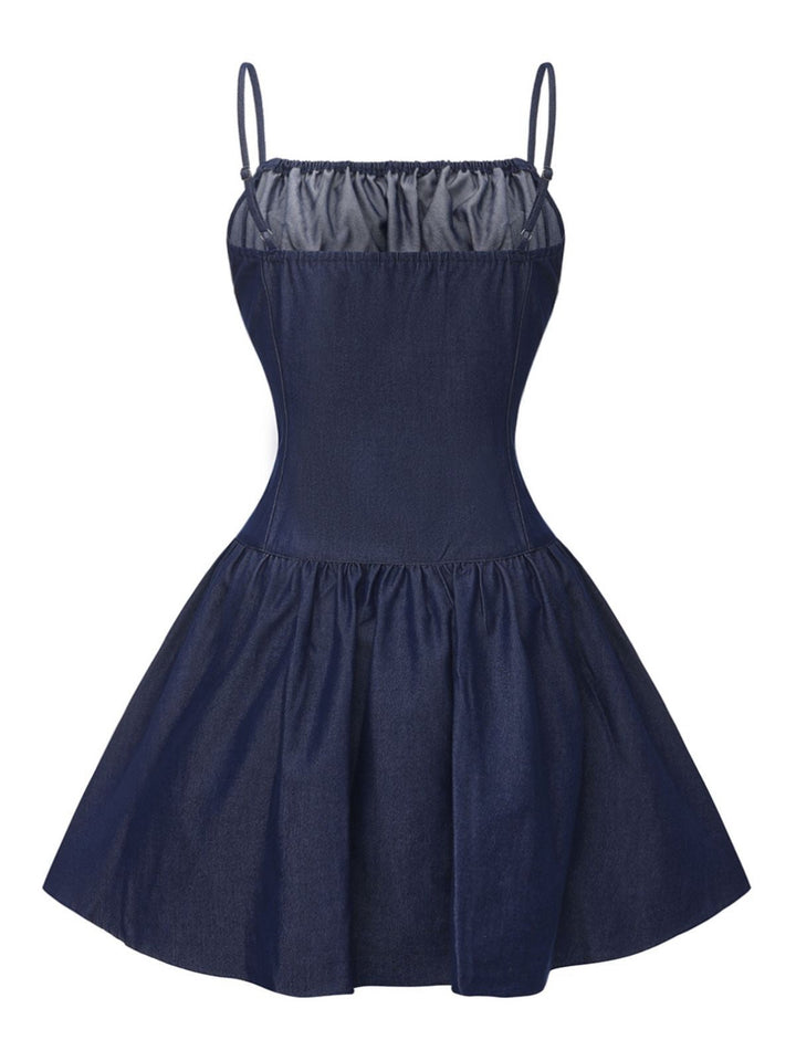 Blue 1960s Spaghetti Strap Ruched Mini Dress - vintage dress, retro fashion