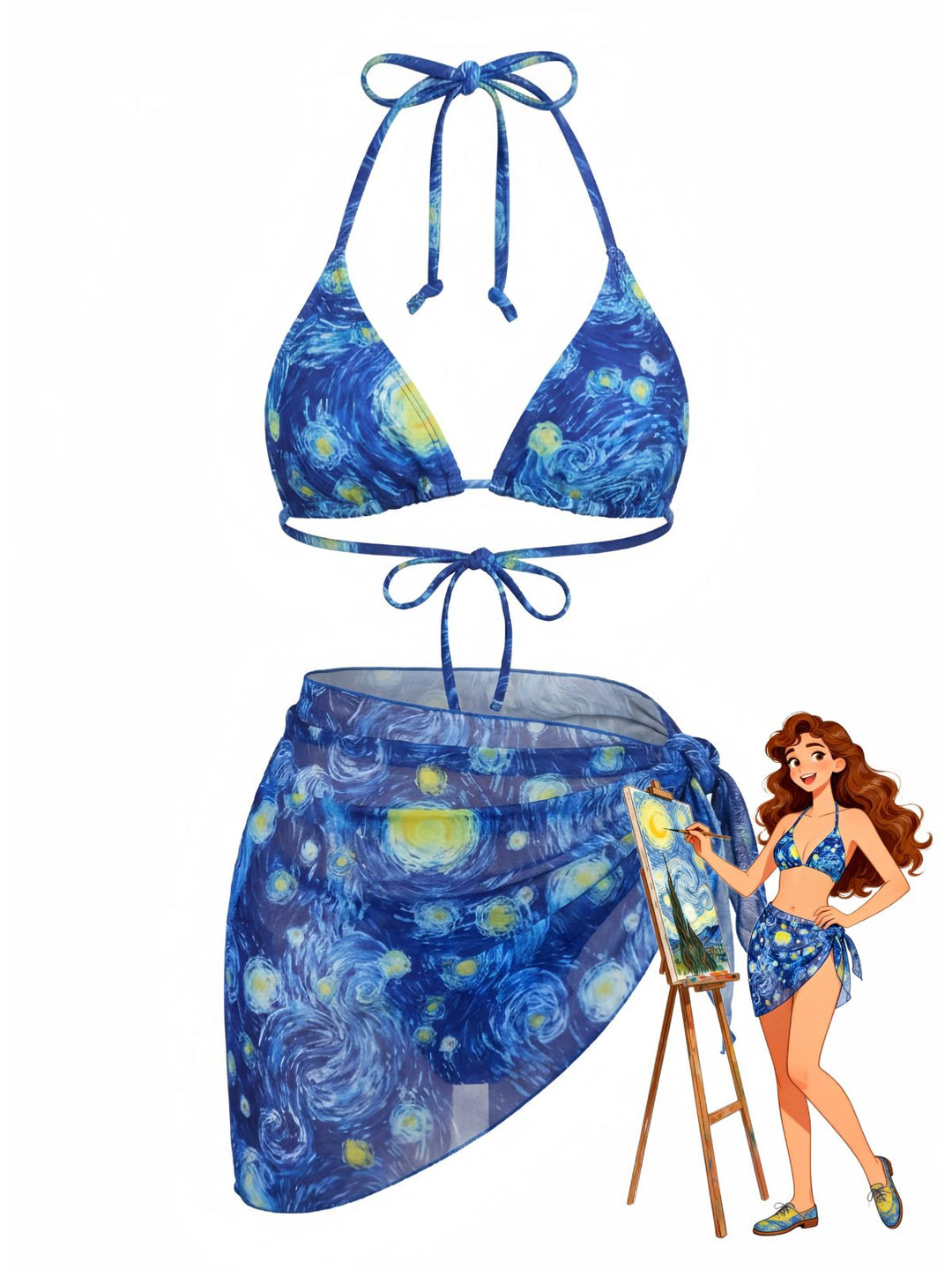 Blue Halter Tie Van Gogh Starry Night Tankini