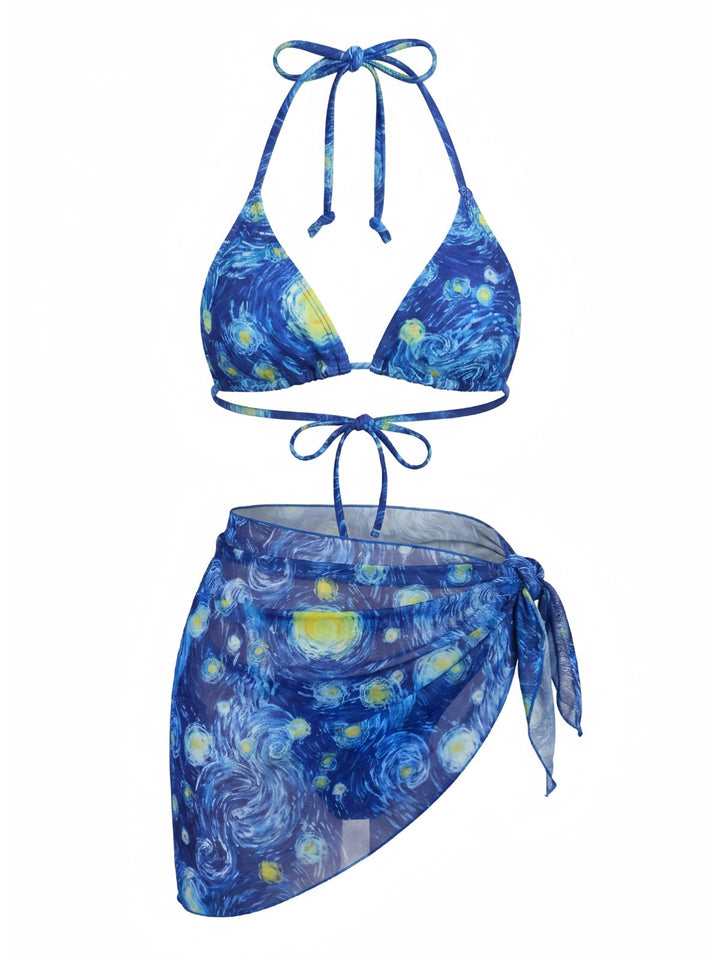 Blue Halter Tie Van Gogh Starry Night Tankini 2