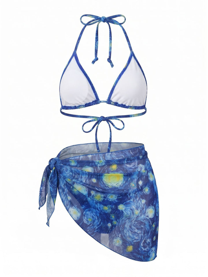 Blue Halter Tie Van Gogh Starry Night Tankini 3