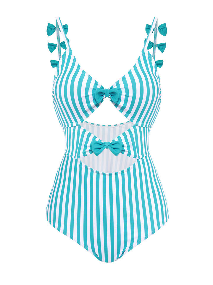 Blue 1960s Stripe Strap Bow One-Piece Swimsuit: timeless style reimagined