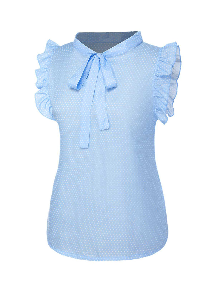 Blue 1960s Tie Neck Polka Dots Ruffles Blouse: a 1960s classic that whispers rather than shouts