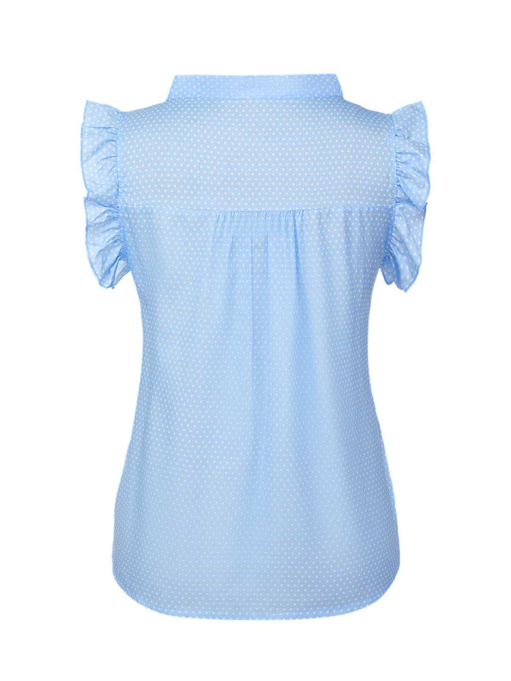 This Blue 1960s Tie Neck Polka Dots Ruffles Blouse brings 1960s soul to her everyday