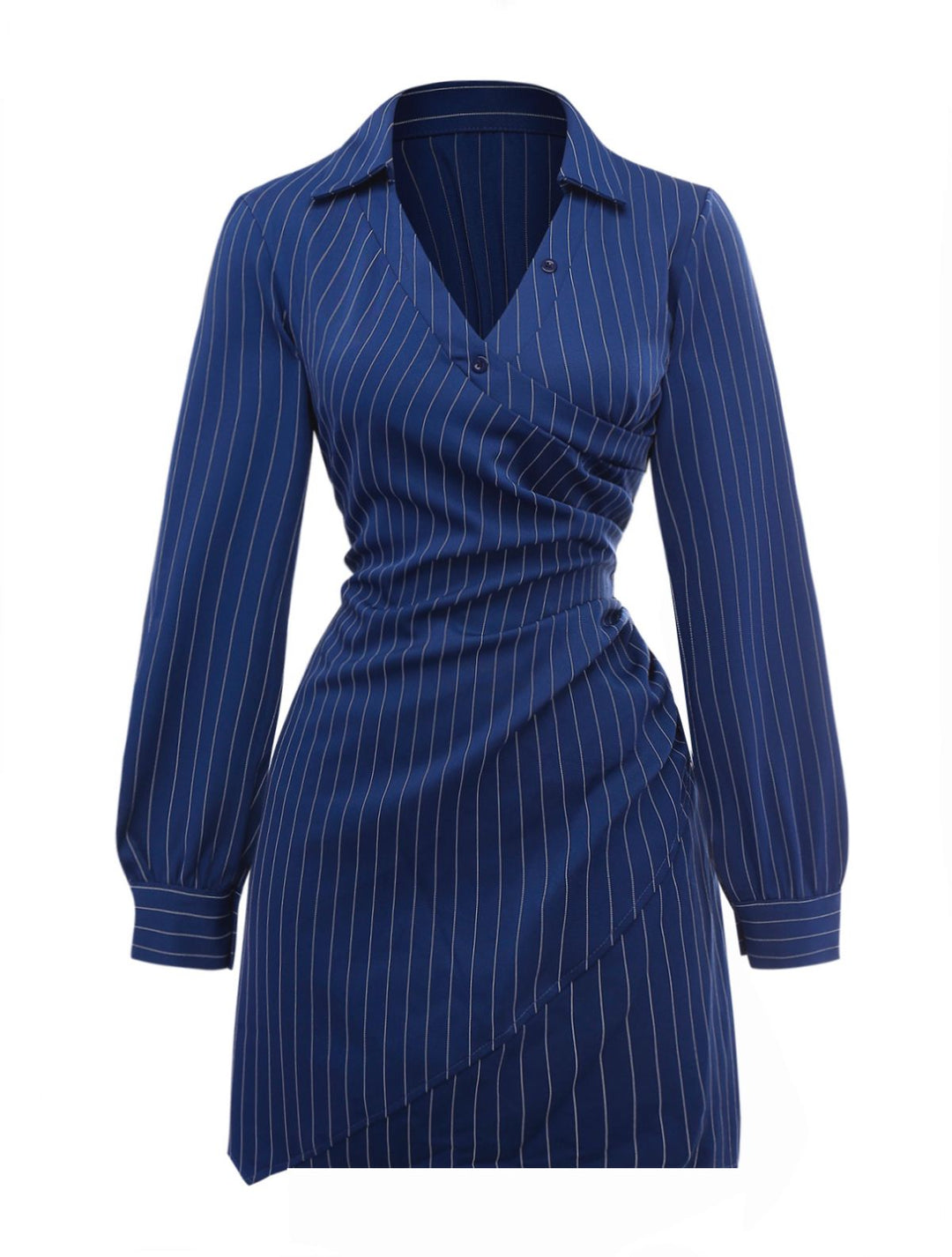 Blue 1960s V-Neck Wrap Striped Shirt Dress - vintage dress, retro fashion