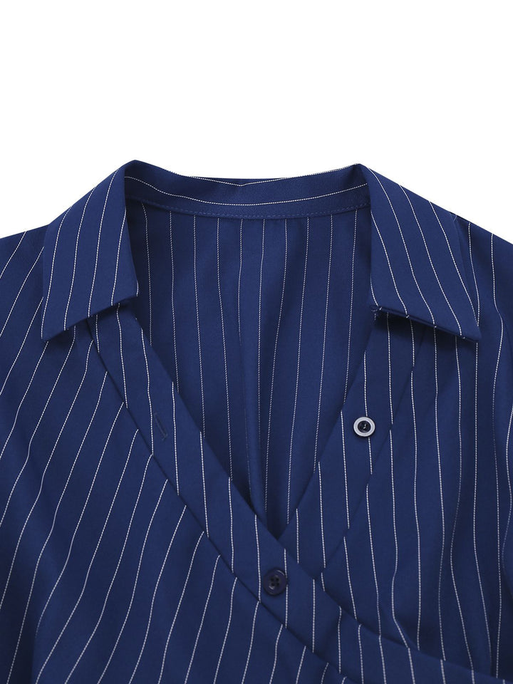 Blue 1960s V-Neck Wrap Striped Shirt Dress - vintage dress, retro fashion
