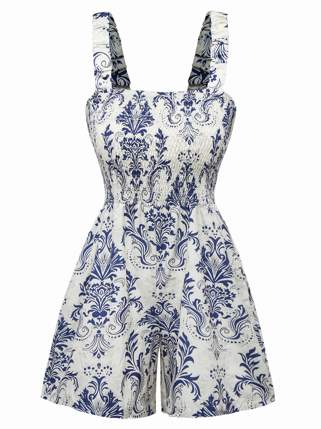 Blue 1970s Baroque Smocked Suspender Romper: beautiful vintage romper, retro jumpsuit, playful style with timeless appeal
