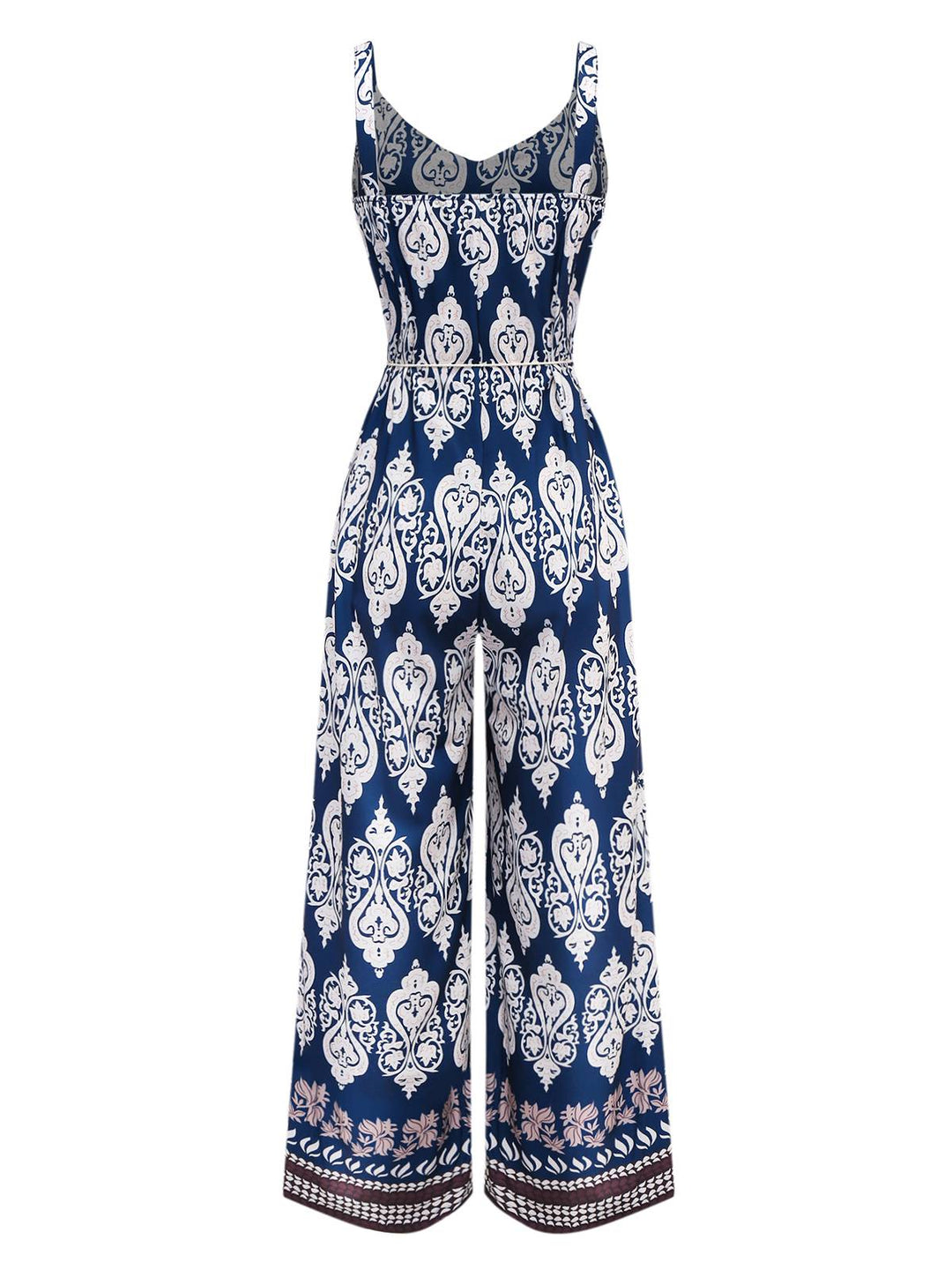 Blue 1970s Boho Ethnic Print Strap Belted Jumpsuit - vintage jumpsuit, retro fashion