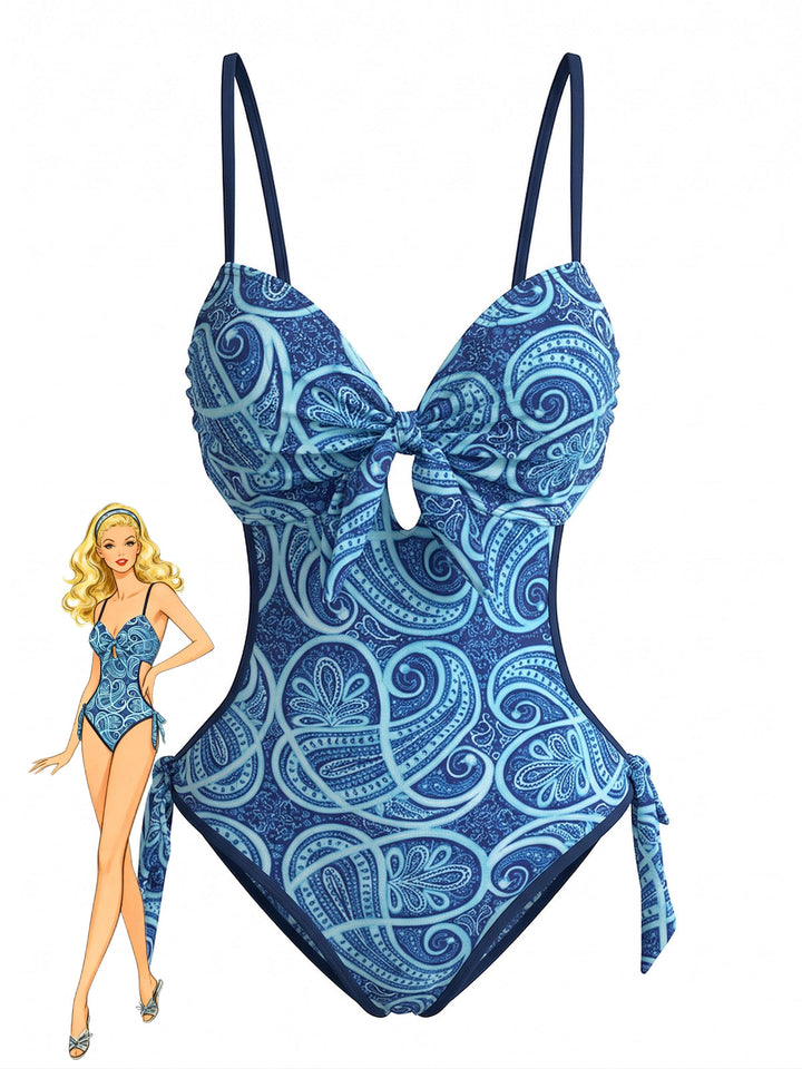 Blue Boho Paisley Print Cutout One-Piece Swimsuit - vintage swimsuit, swimwear for vintage lovers
