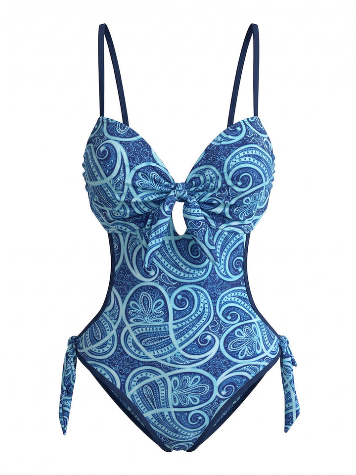 Blue Boho Paisley Print Cutout One-Piece Swimsuit - vintage swimsuit, swimwear for vintage lovers