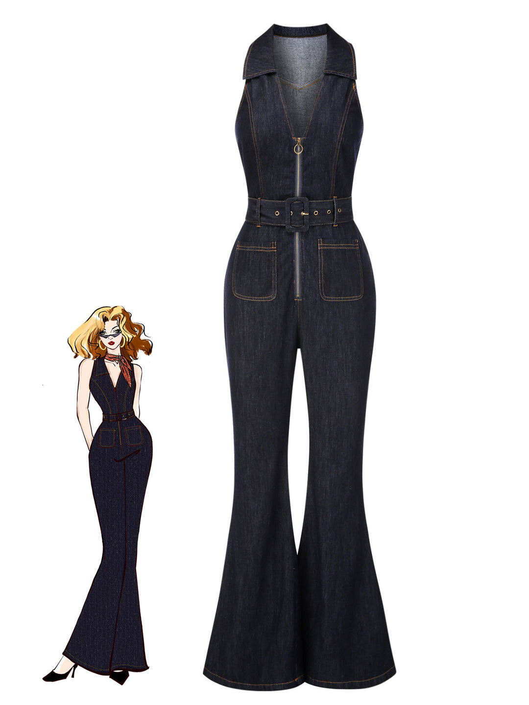 Blue 1970s Denim Collar Belted Flared Jumpsuit - vintage jumpsuit, retro fashion, elegant red