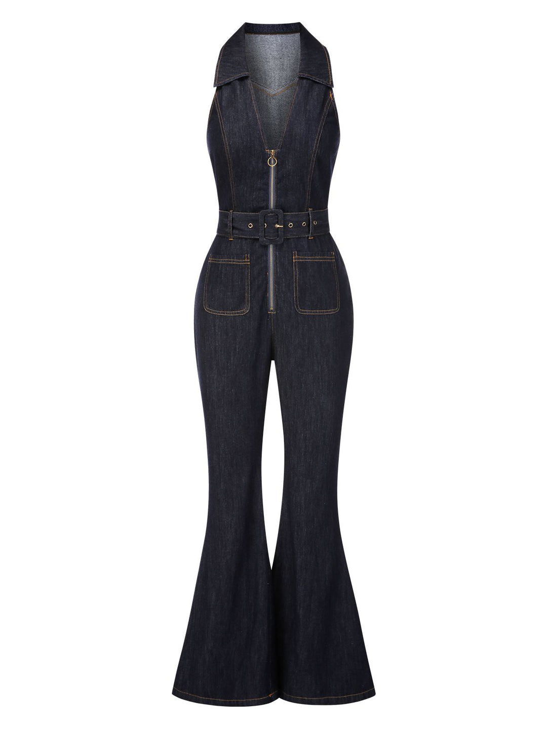 Blue 1970s Denim Collar Belted Flared Jumpsuit, vintage romper, retro jumpsuit - perfect for women who love vintage and retro fashion