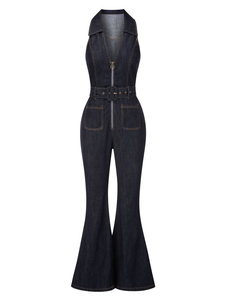 Blue 1970s Denim Collar Belted Flared Jumpsuit, vintage romper, retro jumpsuit - perfect for women who love vintage and retro fashion