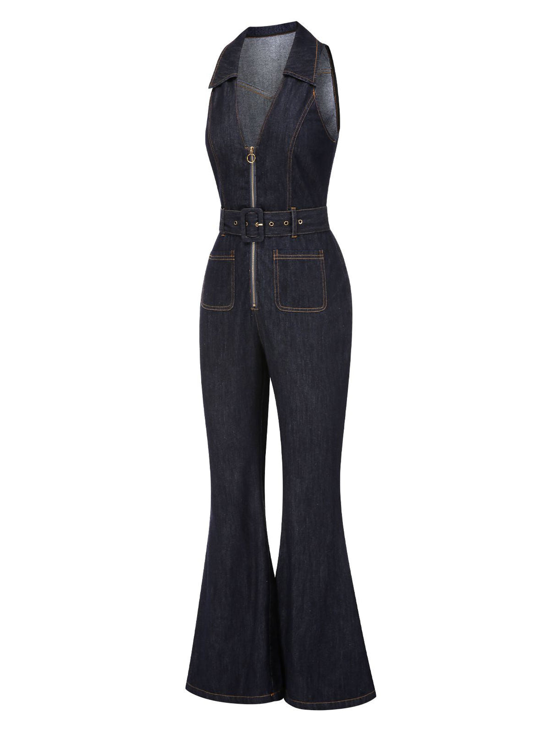 Blue 1970s Denim Collar Belted Flared Jumpsuit, vintage romper, retro jumpsuit - perfect for women who love vintage and retro fashion