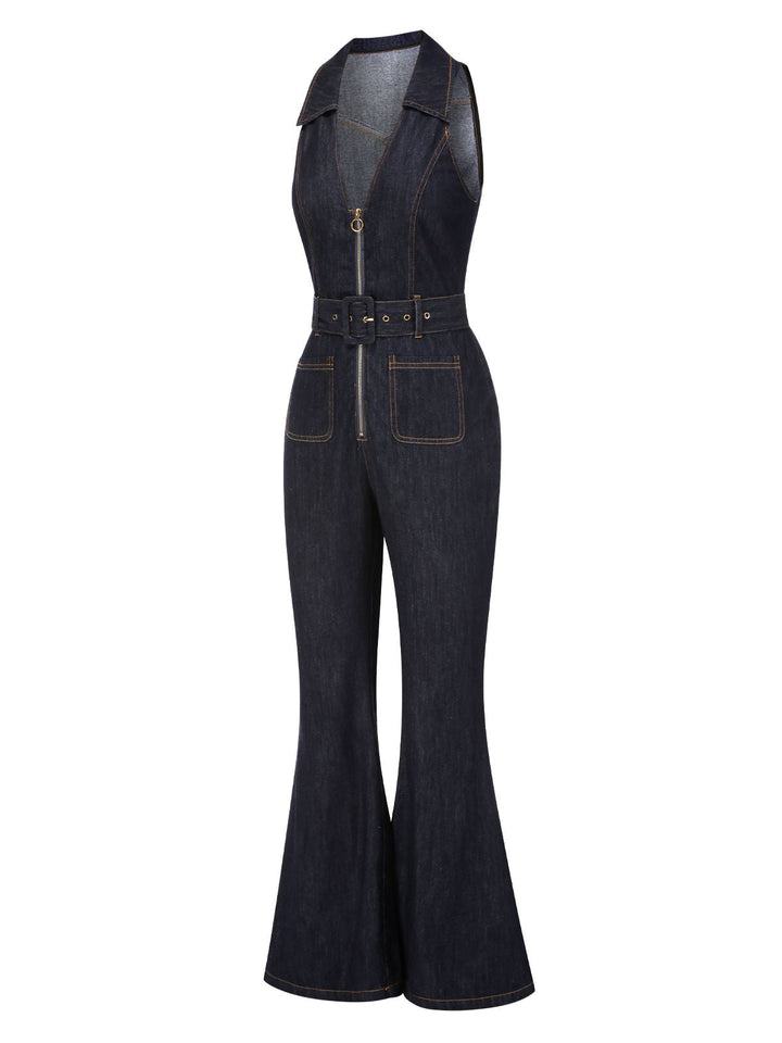 Blue 1970s Denim Collar Belted Flared Jumpsuit, vintage romper, retro jumpsuit - perfect for women who love vintage and retro fashion