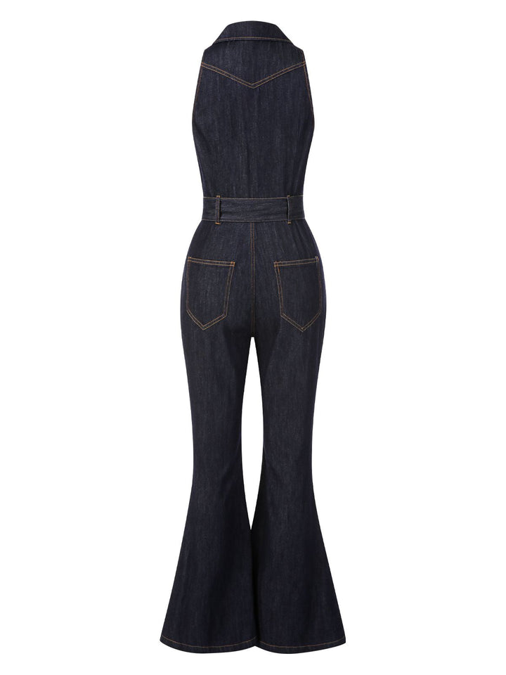 Blue 1970s Denim Collar Belted Flared Jumpsuit, vintage romper, retro jumpsuit - perfect for women who love vintage and retro fashion