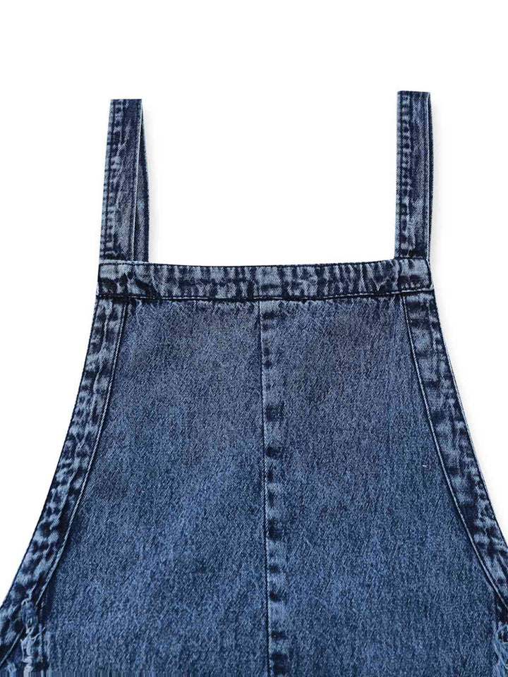 Blue 1970s Denim Wide-Leg Overalls Frayed Jumpsuit | vintage romper, retro jumpsuit, playful style - perfect for retro fashion enthusiasts