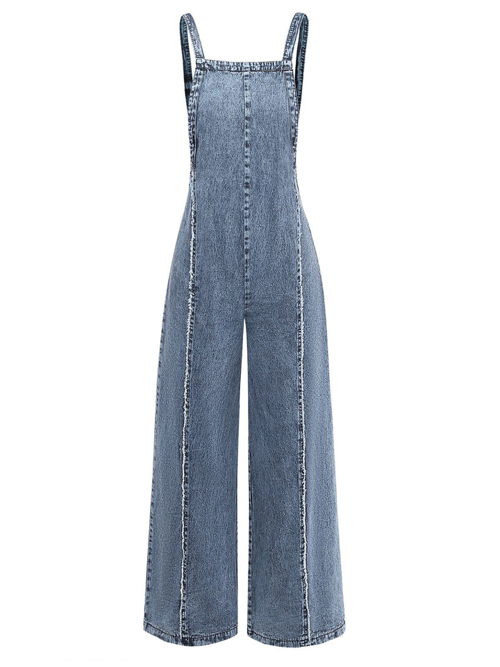 Blue 1970s Denim Wide-Leg Overalls Frayed Jumpsuit, vintage romper, retro jumpsuit - perfect for women who love vintage and retro fashion
